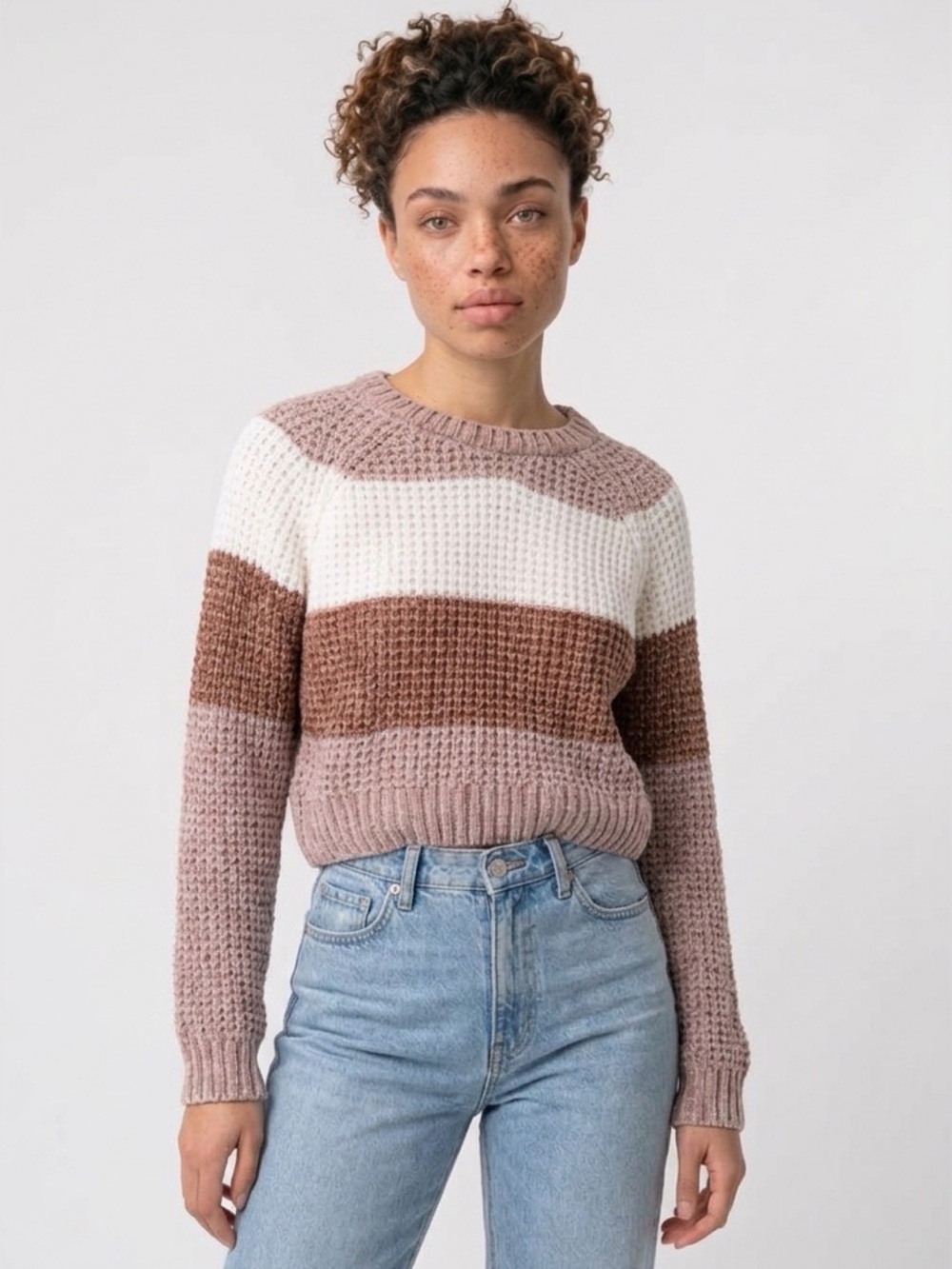 Altar'd State Color Block Sweater in Taupe, Brown & White Size Small